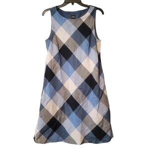 JH‎ Evenings Linen Cotton Blue Sz 8 Patchwork Sleeveless Dress Pockets